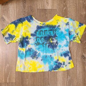 Earth Peace Love Crop Shirt Raw Neckline Yellow and Blue Tie Dye Handmade
